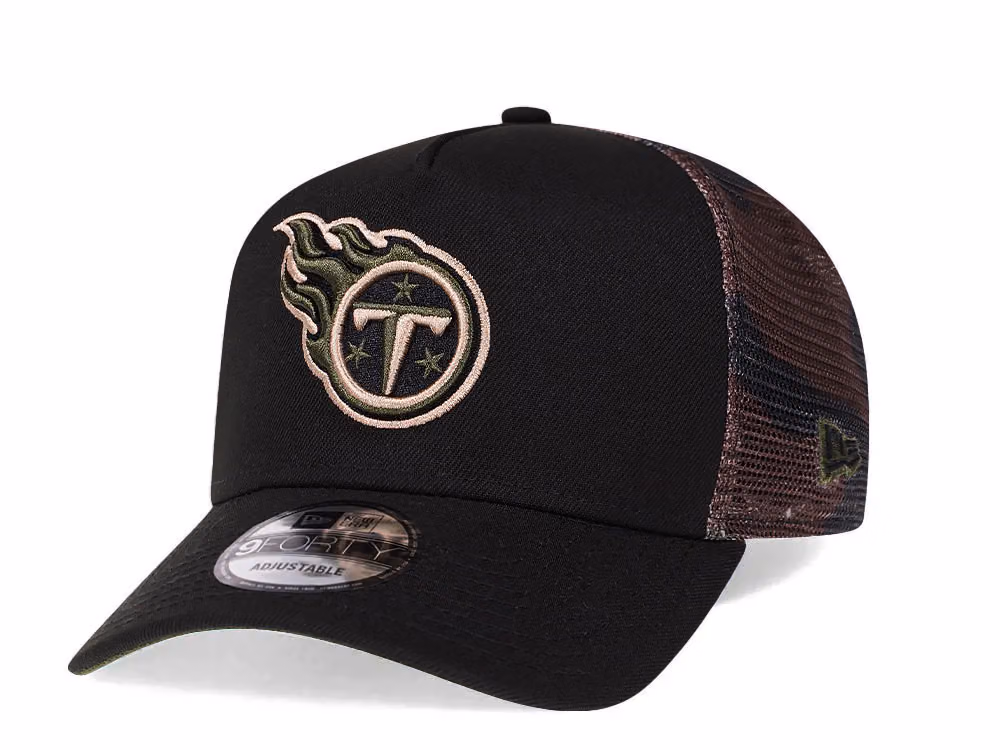 New Era Tennessee Titans Camo 9Forty A Frame Trucker Snapback Hat front