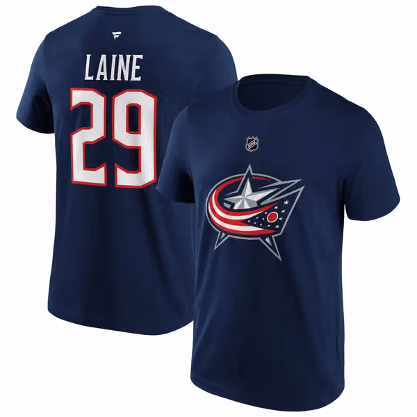 Patrik Laine #29 Columbus Blue Jackets Player NHL T-Shirt Navy view 1