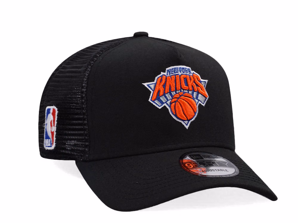 New Era New York Knicks Black Classic Edition Trucker 9Forty A Frame Snapback Hat front