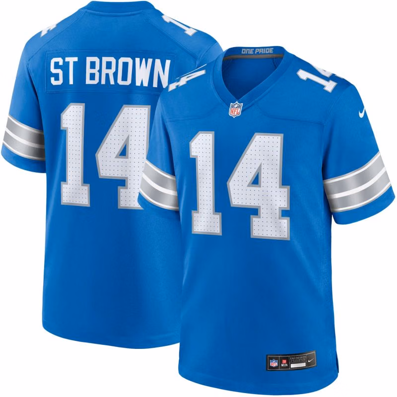 Amon-Ra St. Brown #14 Detroit Lions Nike Game NFL Jersey Blue view 1