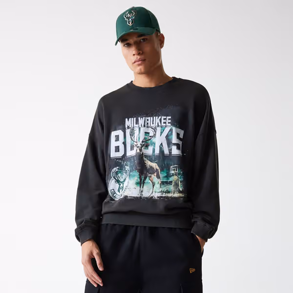 Milwaukee Bucks Washed Oversized NBA Crew Neck Sweater Dark Gray view 2