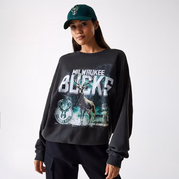 Milwaukee Bucks Washed Oversized NBA Crew Neck Sweater Dark Gray view 4