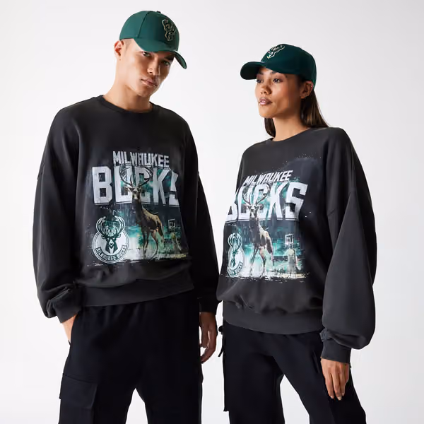 Milwaukee Bucks Washed Oversized NBA Crew Neck Sweater Dark Gray view 1