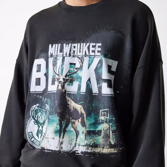Milwaukee Bucks Washed Oversized NBA Crew Neck Sweater Dark Gray view 5