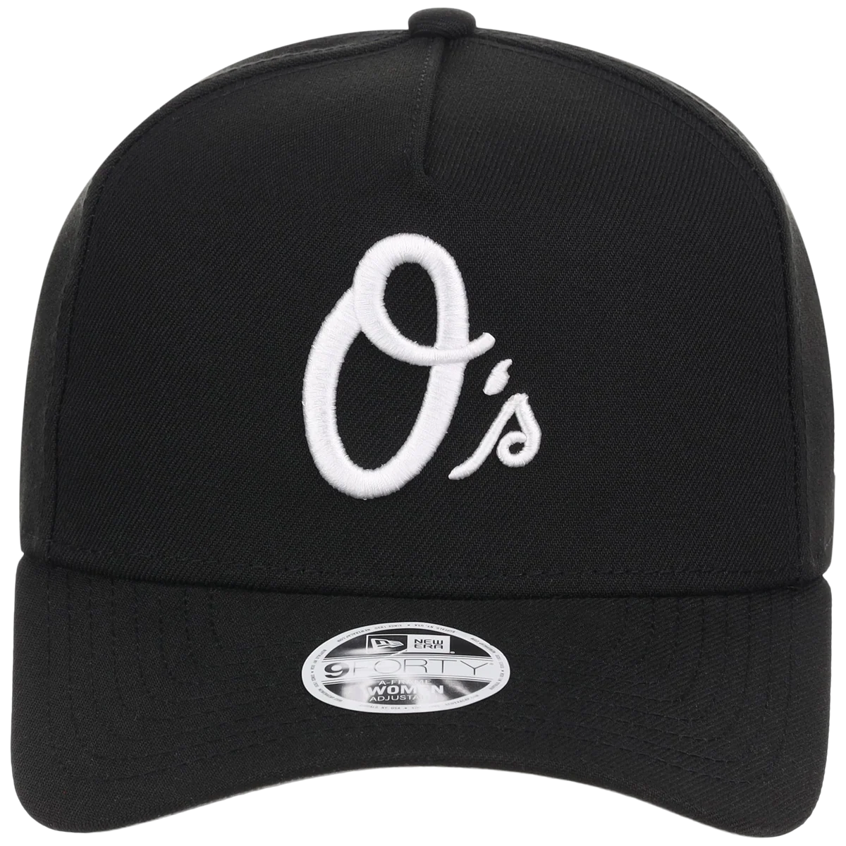 Baltimore Orioles Women's New Era 9FORTY Black A-Frame detail view