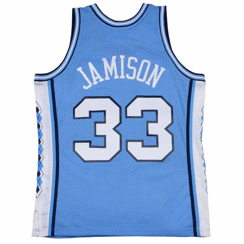 Antawn Jamison #33 North Carolina 1995-96 Mitchell & Ness Swingman NCAA Jersey Blue view 2