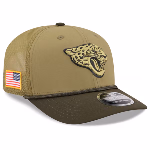 Jacksonville Jaguars 2025 NFL Salute to Service 9SEVENTY Trucker Snapback Cap Olive product photo