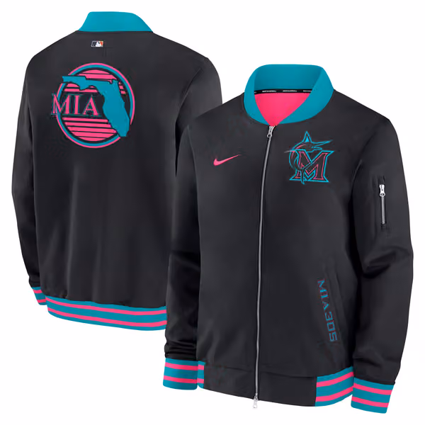 Miami Marlins City Connect 2026 MLB Authentic Dugout Bomber Jacket Black view 1
