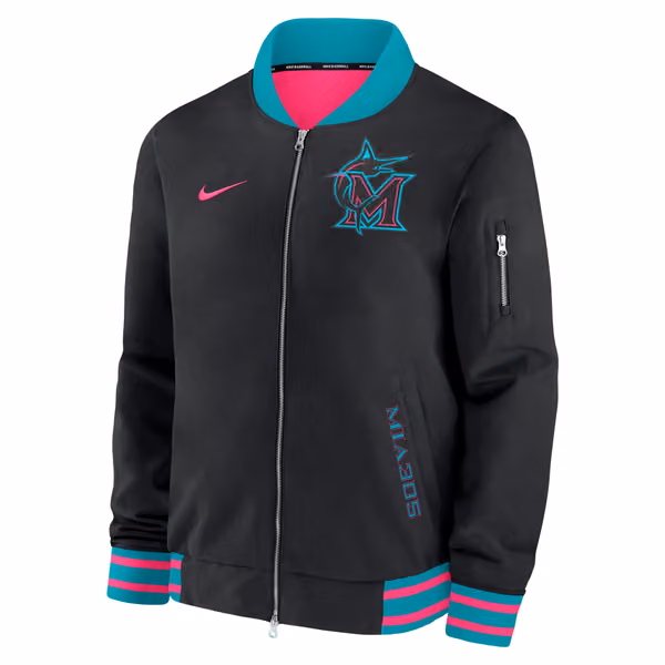 Miami Marlins City Connect 2026 MLB Authentic Dugout Bomber Jacket Black view 2