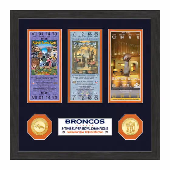 Denver Broncos 3-Time Super Bowl Champions Tickets Bronze Coins Framed NFL Photo view 1