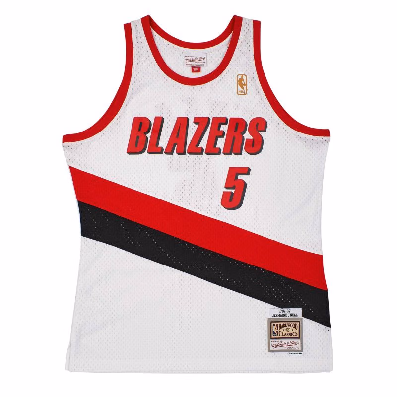 Jermaine O'Neal #5 Portland Trail Blazers 1996-97 Mitchell & Ness Swingman NBA Jersey White view 1