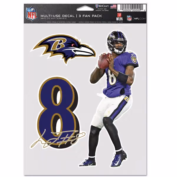 Lamar Jackson #8 Baltimore Ravens Player NFL Decals Set (3 Pcs.) view 1