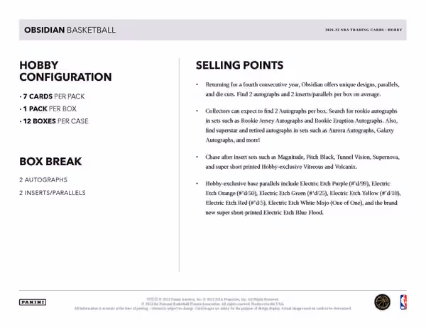 2021/22 Panini Obsidian Basketball NBA Hobby Box view 5