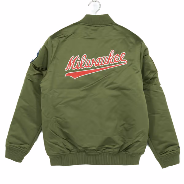Milwaukee Bucks Olive Mitchell & Ness Heavyweight Satin NBA Jacket view 2