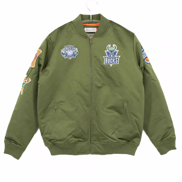 Milwaukee Bucks Olive Mitchell & Ness Heavyweight Satin NBA Jacket view 1