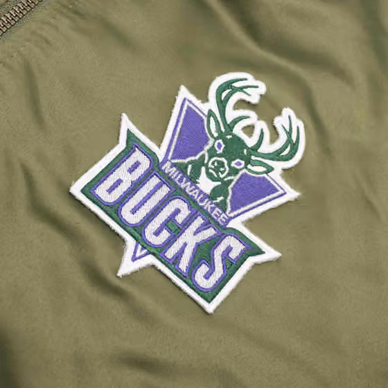 Milwaukee Bucks Olive Mitchell & Ness Heavyweight Satin NBA Jacket view 3