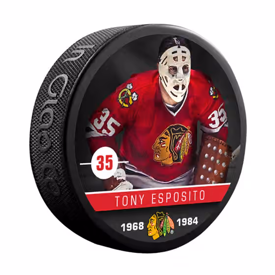Tony Esposito Chicago Blackhawks Alumni NHL Puck view 1