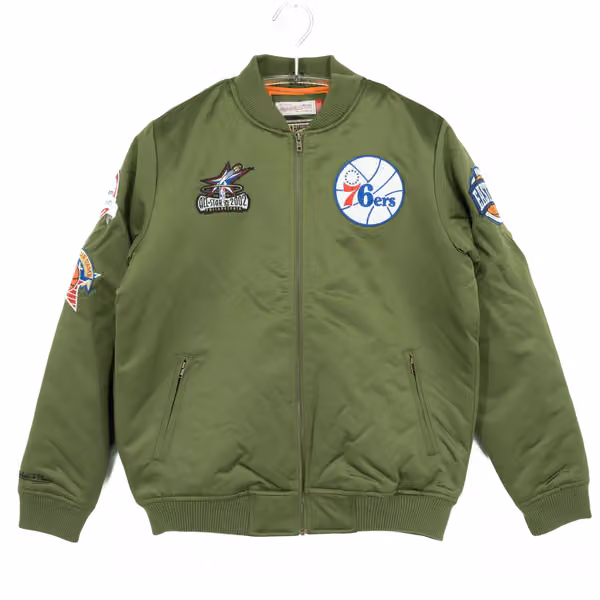 Philadelphia 76ers Olive Mitchell & Ness Heavyweight Satin NBA Jacket view 1