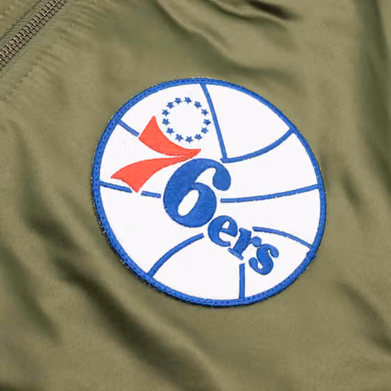 Philadelphia 76ers Olive Mitchell & Ness Heavyweight Satin NBA Jacket view 3