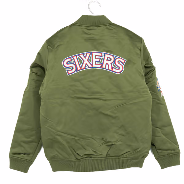 Philadelphia 76ers Olive Mitchell & Ness Heavyweight Satin NBA Jacket view 2