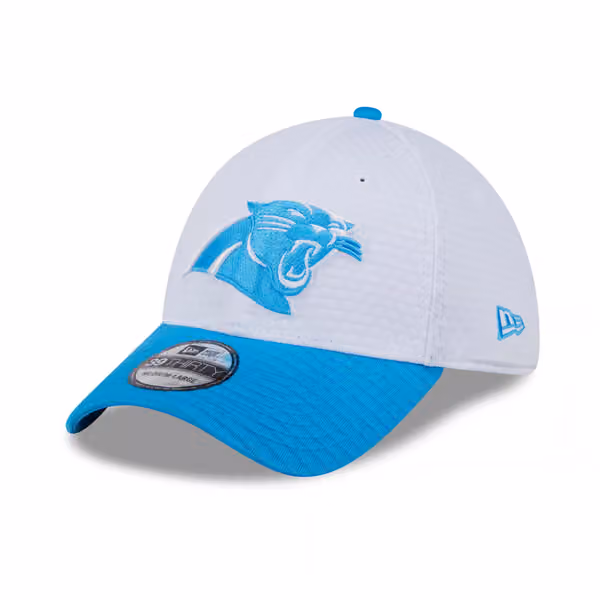 Carolina Panthers 2024 NFL Training Camp New Era 39THIRTY Flex Cap White view 1