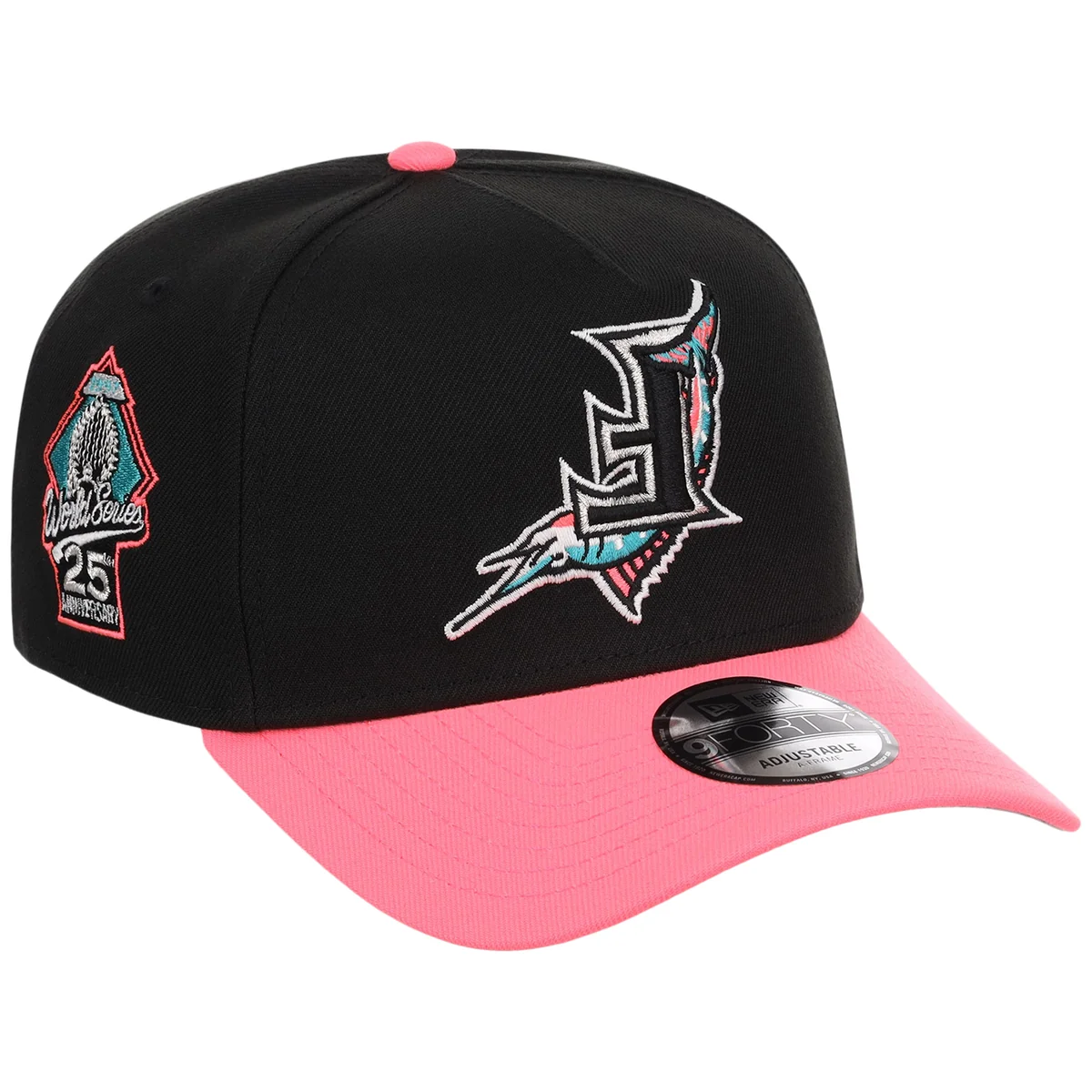Florida Marlins MLB Flipmode 2.0 New Era 9FORTY A-Frame (Black/Pink/Gray) front view