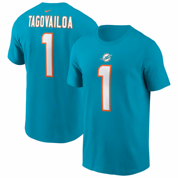 Tua Tagovailoa #1 Miami Dolphins Nike Player NFL T-Shirt Aqua view 1