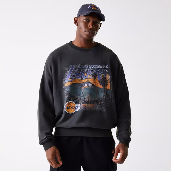 Los Angeles Lakers Washed Oversized NBA Crew Neck Sweater Dark Gray view 2