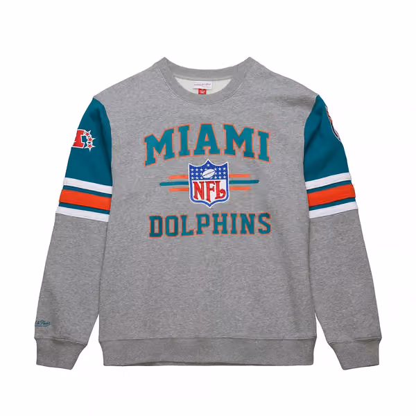 Miami Dolphins Mitchell & Ness All Over Crew 4.0 NFL Pullover Gray view 1