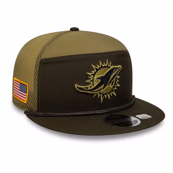 Miami Dolphins 2025 NFL Salute to Service 9FIFTY Split Panel Trucker Snapback Cap Olive product photo