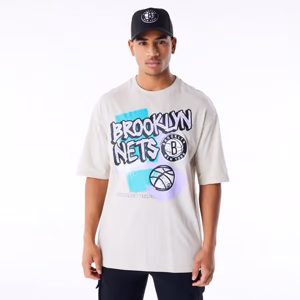 Brooklyn Nets Retro New Era Oversized NBA T-Shirt Beige view 1
