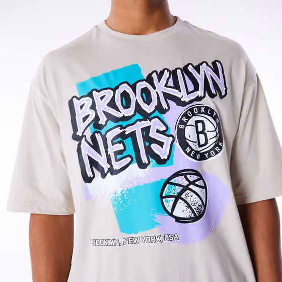 Brooklyn Nets Retro New Era Oversized NBA T-Shirt Beige view 3