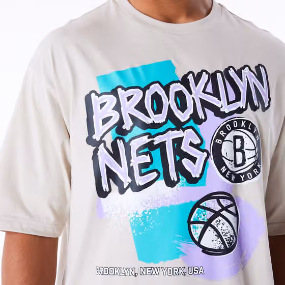 Brooklyn Nets Retro New Era Oversized NBA T-Shirt Beige view 5