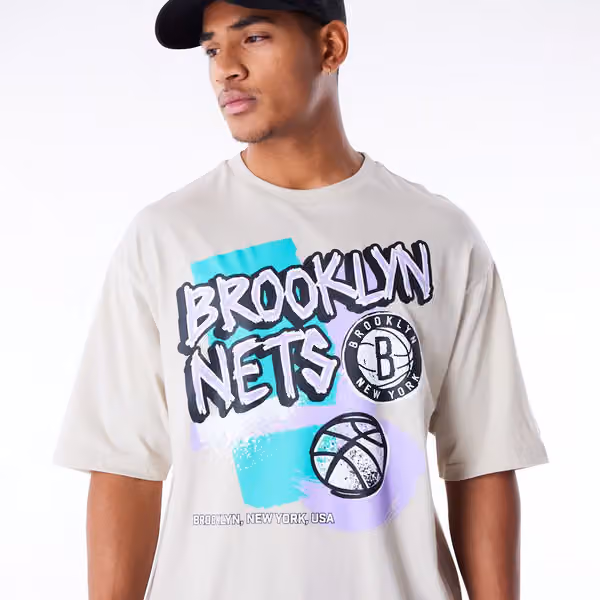 Brooklyn Nets Retro New Era Oversized NBA T-Shirt Beige view 6