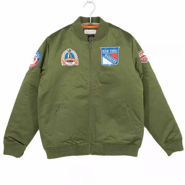 New York Rangers Olive Mitchell & Ness Heavyweight Satin NHL Jacket view 1