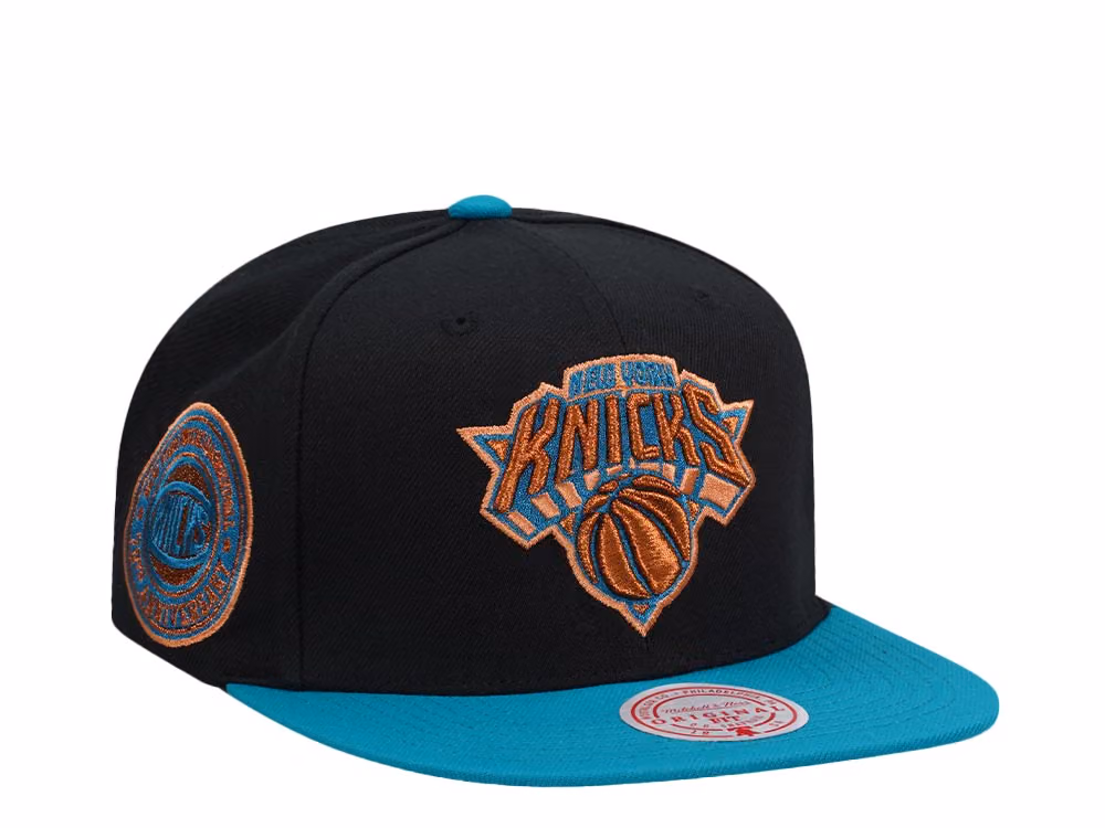 Mitchell & Ness New York Knicks 70th Anniversary Make Cents Black Two Tone Edition Snapback Hat front