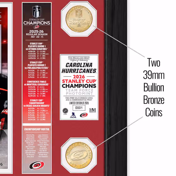 Carolina Hurricanes 2026 Stanley Cup Champions Banner Bronze Coins Framed Photo view 2