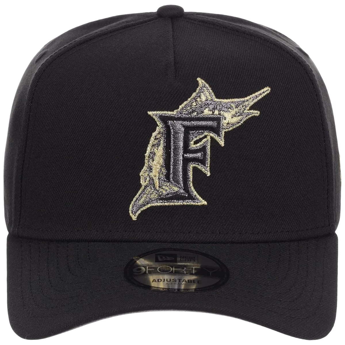 Miami Marlins MLB Black x Gold FASHION CORE New Era 9FORTY A-Frame detail view