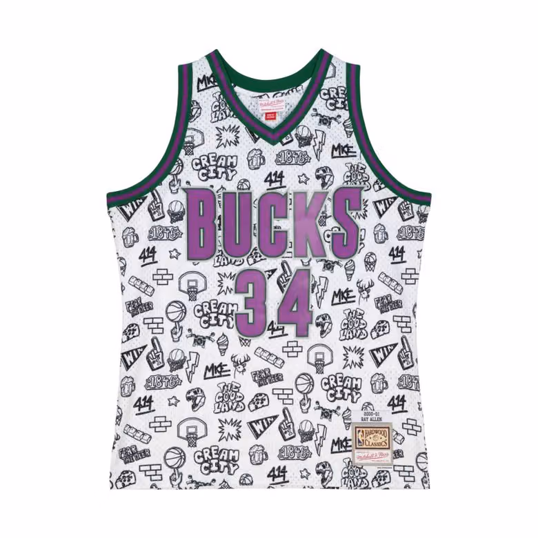 Ray Allen #34 Milwaukee Bucks Doodle Mitchell & Ness Swingman NBA Jersey view 1