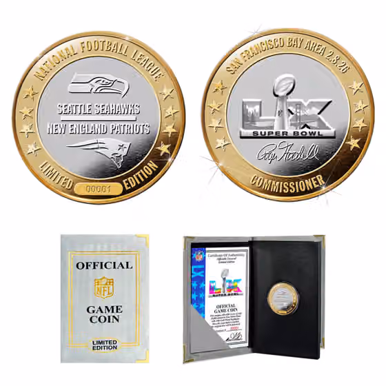 Super Bowl LX Patriots vs. Seahawks Gold & Silver Official Game Coin view 1