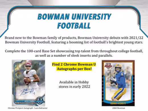 2022 Bowman Chrome University Football NCAA Hobby Box view 2