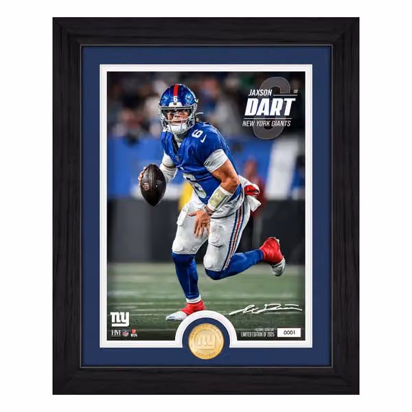 Jaxson Dart New York Giants Rookie Bronze Coin Framed NFL Photo view 1