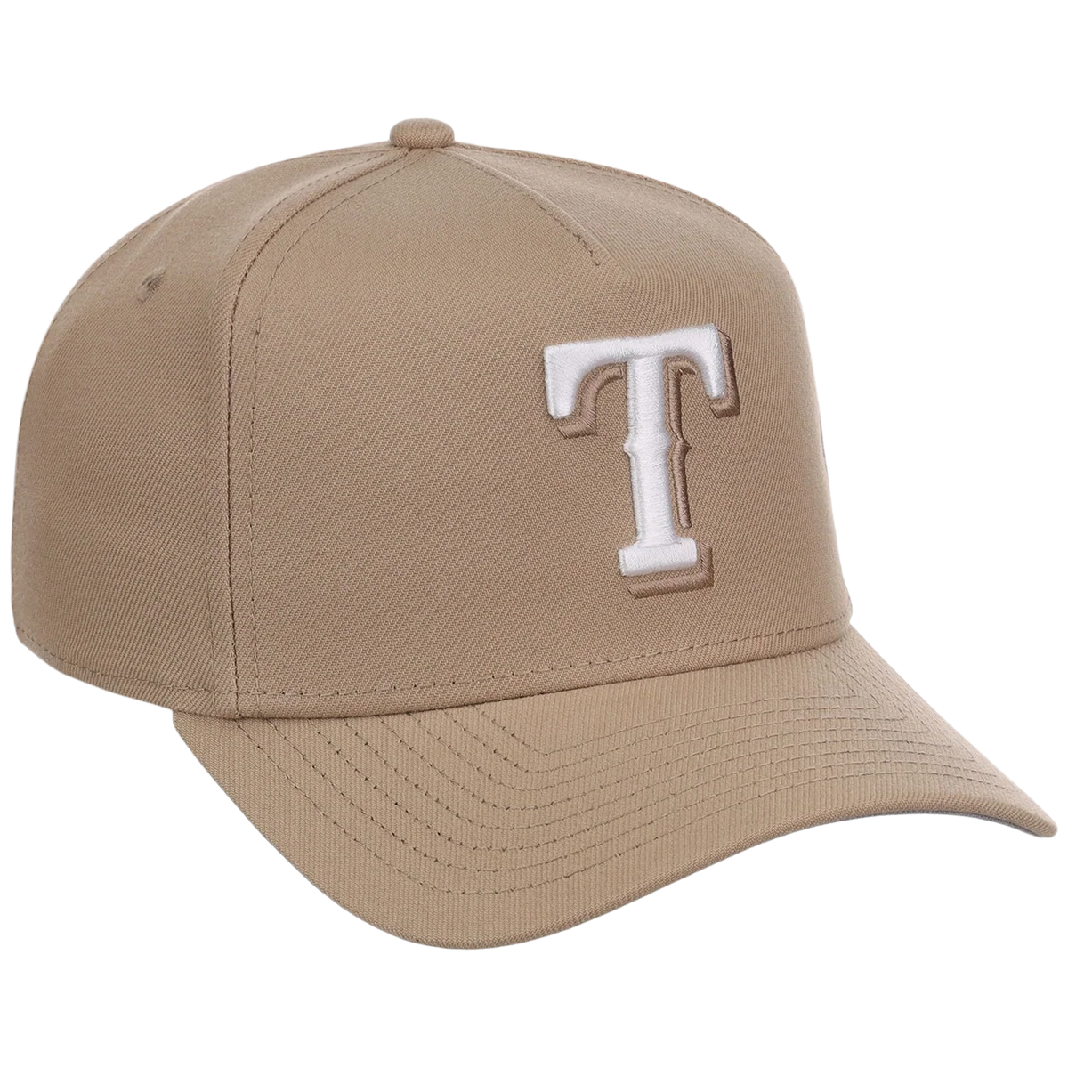 Texas Rangers Women's New Era 9FORTY Camel A-Frame front view