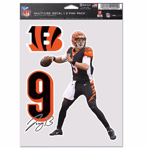 Joe Burrow #9 Cincinnati Bengals Player NFL Decals Set (3 Pcs.) view 1