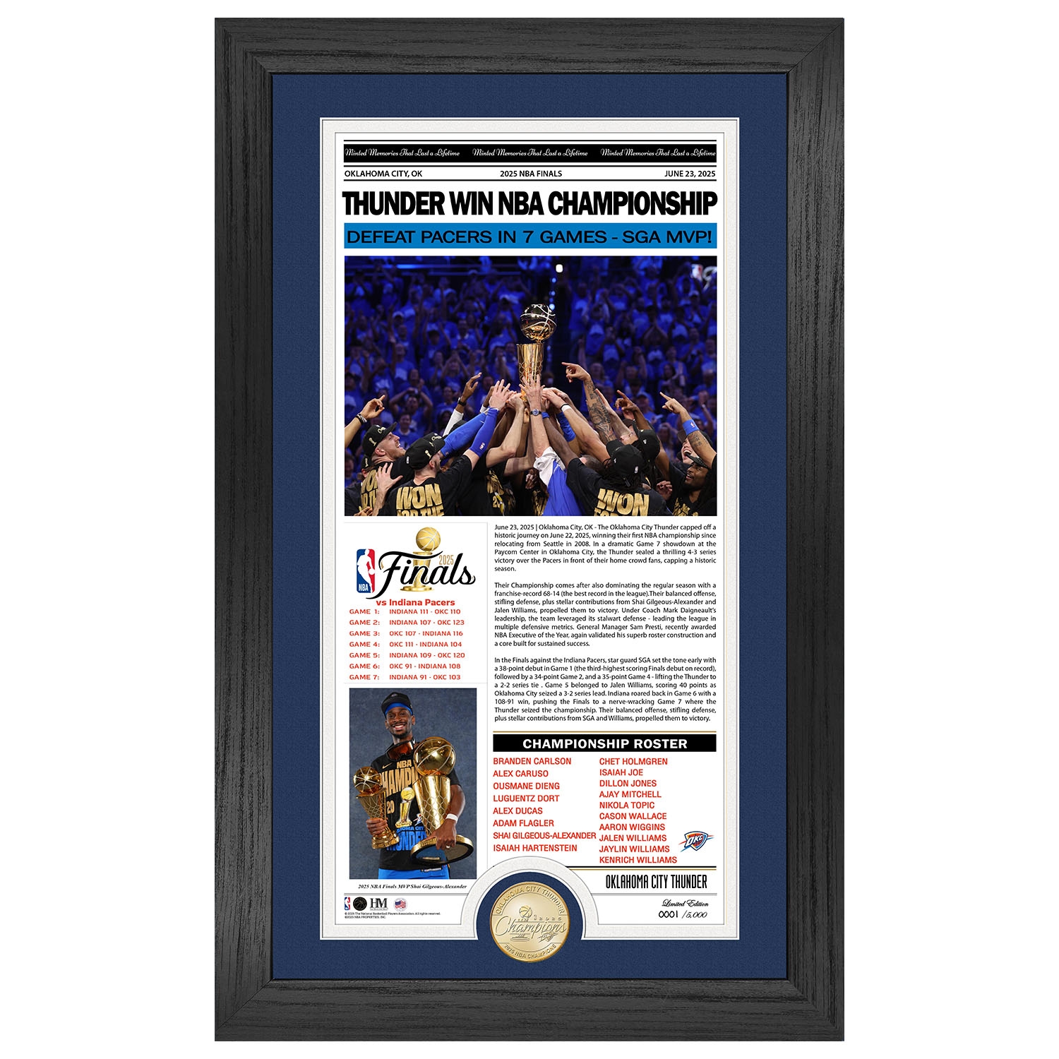 Oklahoma City Thunder 2025 NBA Champions Bronze Coin Framed Newspaper Photo view 1