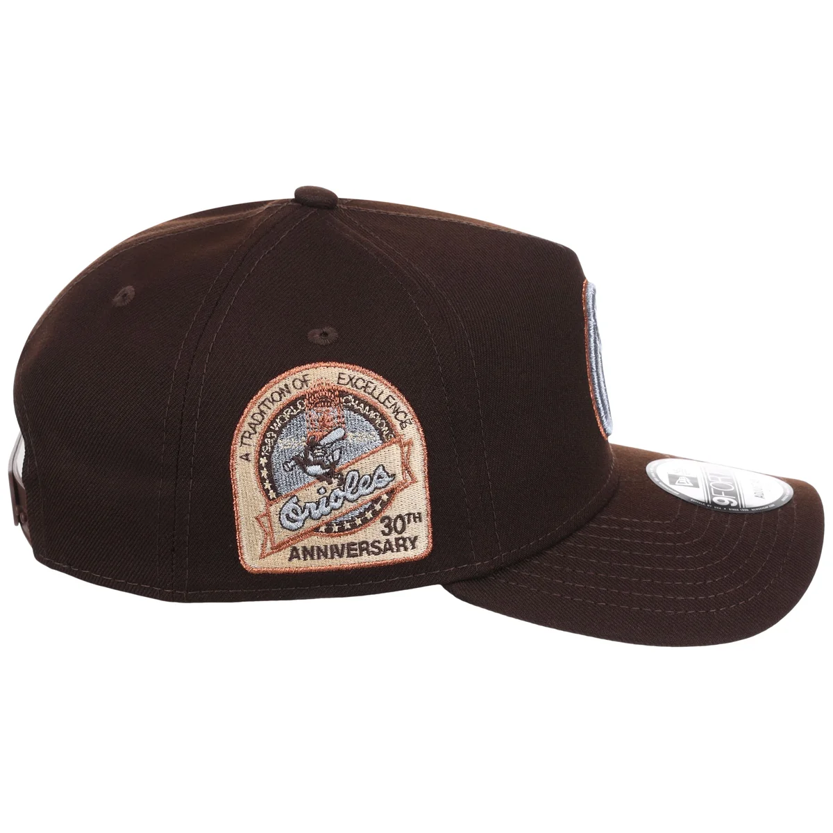 Baltimore Orioles MLB Frosted Bark New Era 9FORTY A-Frame detail view
