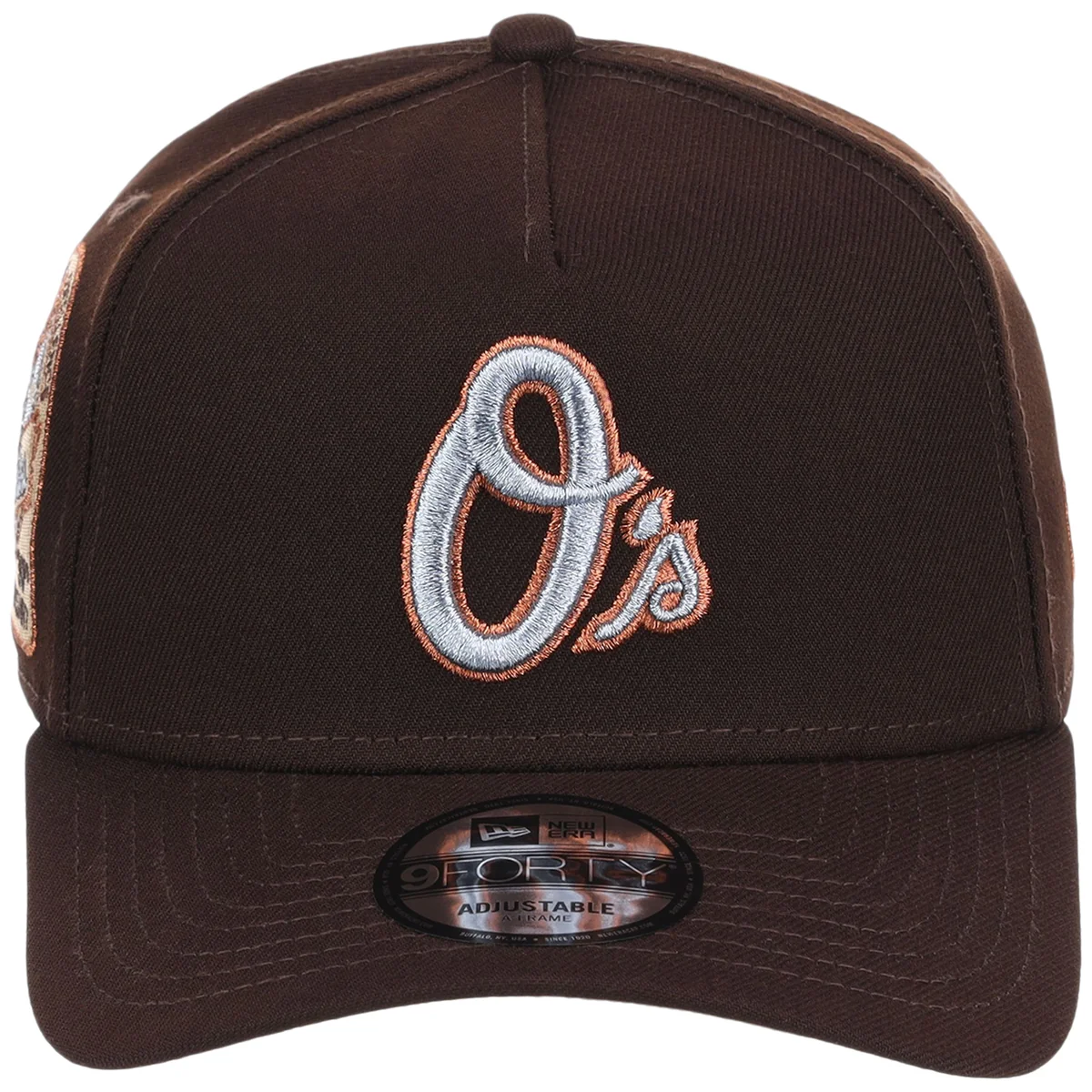 Baltimore Orioles MLB Frosted Bark New Era 9FORTY A-Frame detail view