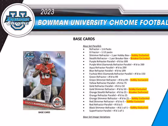 2023 Bowman Chrome University Football NCAA Hobby Box view 3
