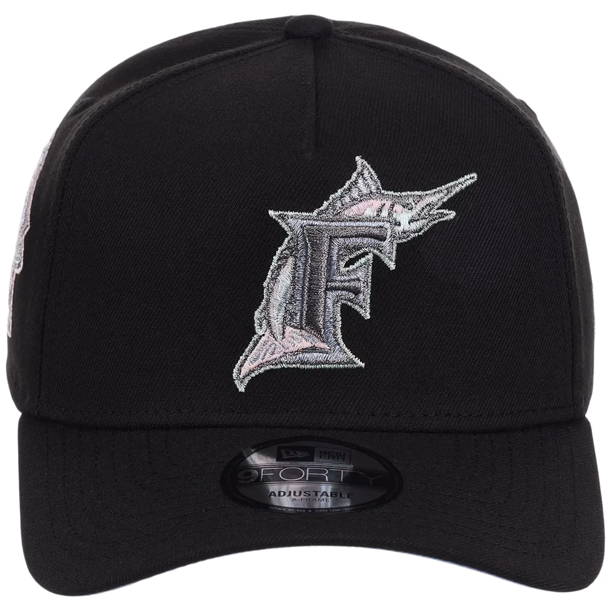 Miami Marlins MLB Pewter Skies New Era 9FORTY A-Frame detail view