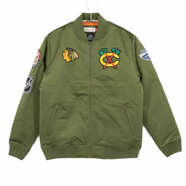 Chicago Blackhawks Olive Mitchell & Ness Heavyweight Satin NHL Jacket view 1